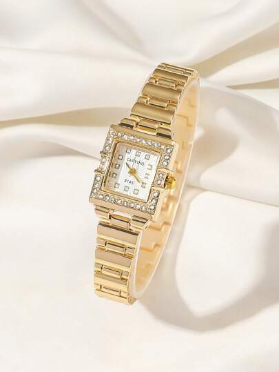 1pc Women's Stainless Steel Dual Tone Strap Classic Fashionable Square Quartz Watch With Crystals, Petite Design
