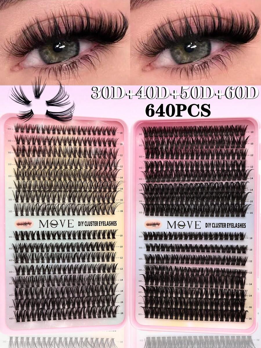 640 piezas de grupos de pestañas individuales, gran capacidad 30D+40D+50D+60D, rizo D, 10-16mm, pestañas en grupos - D - Ver 1