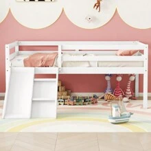 Twin Low Loft Bed With Slide, Ladder, Safety Guardrails, No Box Spring Needed, White