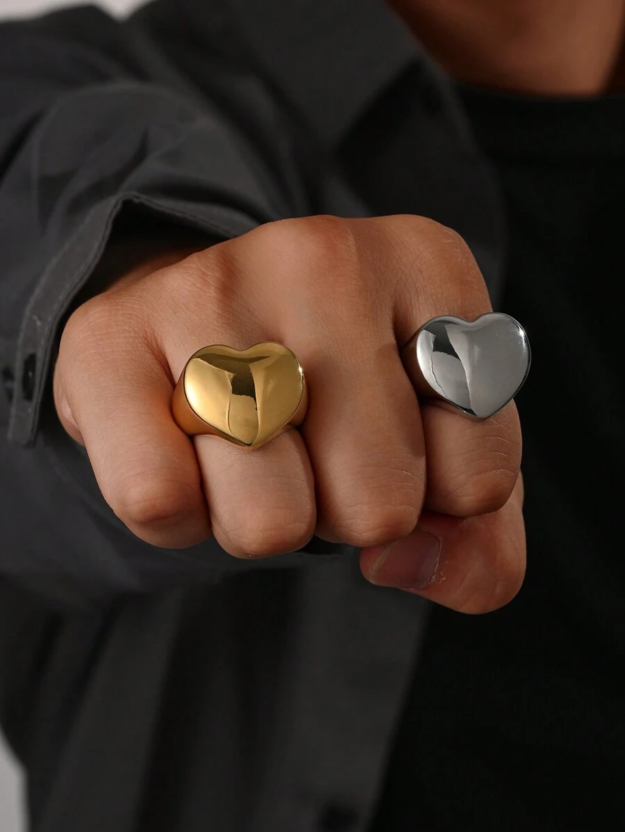 1pc Stainless Steel 18K Gold Plated Stylish Simple Big Heart Pattern Men's Rings Gift Jewelry - Ring - View 1