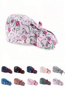 1pc Women's Polyester Medical Cap With Animal, Floral, Wave, Leopard Print Patterns, Antibacterial & Dustproof, Mask Rope Hook, Headband Design, Suitable For Hospital Medical Staff Halloween