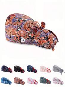 1pc Women's Polyester Medical Cap With Animal, Floral, Wave, Leopard Print Patterns, Antibacterial & Dustproof, Mask Rope Hook, Headband Design, Suitable For Hospital Medical Staff Halloween