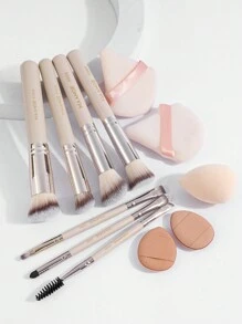 MAANGE 12 Pcs Makeup Tool Set With 7pcs Makeup Brush Set+5pcs Powder Puff Accessories,Blush Brush Foundation Brush Eyeshadow Brush Eyelash Brush Eyebrow Brush Lip Brush Contour Brush Loose Powder Brush Concealer Brush Makeup Tools
