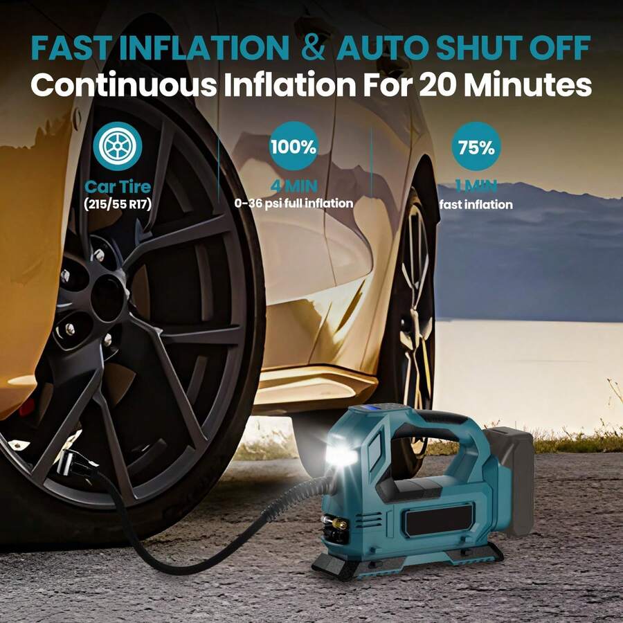 Inflador de neumáticos inalámbrico, compresor de aire portátil con luz LED, con manómetro digital, para coches, motocicletas, bicicletas y pelotas(Excluyendo la batería)