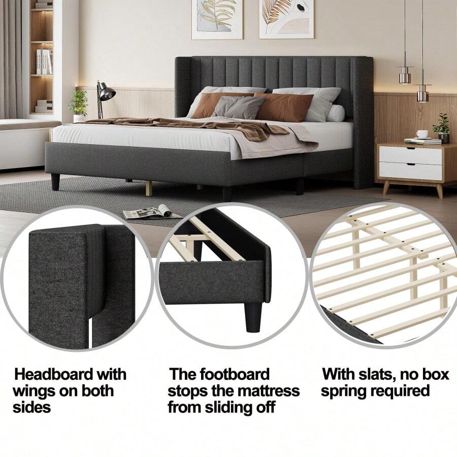 King Size Upholstered Platform Bed Frame With Headboard, Mattress
