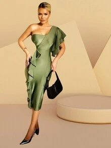 Alexa One-Shoulder Ombé Dress In Shaping Mesh - 軍綠色 - 查看 1