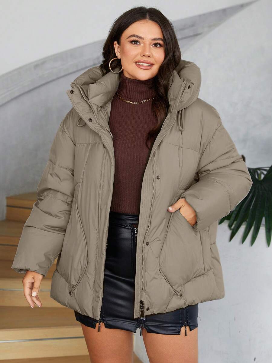 GASMAN Plus Size Padded Coat With Pockets, Zipper Front, Drawstring Hood