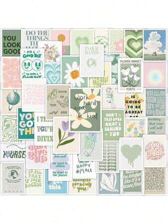 Finego 50pcs Mini Postcard Stickers, Motivational Aesthetic Sticker For Scrapbooking Waterproof Rectangular Flower Postcard Sticker Decals For Bullet Journal, Planner, Notebook, Christmas Decoration, Christmas Table Decor, Christmas Gift Ideas Back To School