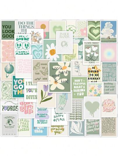 Finego 50pcs Mini Postcard Stickers, Motivational Aesthetic Sticker For Scrapbooking Waterproof Rectangular Flower Postcard Sticker Decals For Bullet Journal, Planner, Notebook, Christmas Decoration, Christmas Table Decor, Christmas Gift Ideas Back To School