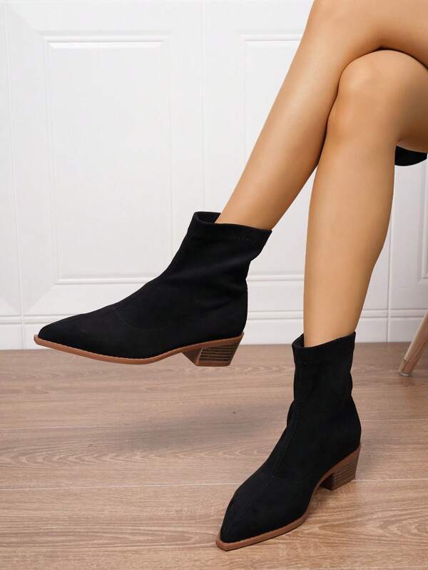 Black Pointed Toe Western Boots, Classic Solid Color Fashionable Zipper High Heel Boots For Women, Side Zipper
