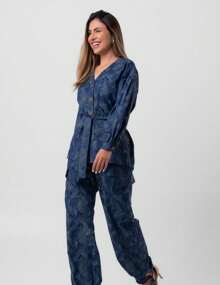 Pequiá Tropical Jacquard Over Cardigan - Màu xanh lam - Xem 2