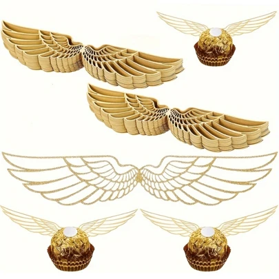 50pcs Glitter Golden Winged Chocolate Plaques For Decoration Only- Delicate Art For Wizard Themed Birthday Parties Chocolate Cake Wings Wafer Decorations- Shower Enchanting Cake & Cupcake Toppers Decor, Back To School Valentine Day
