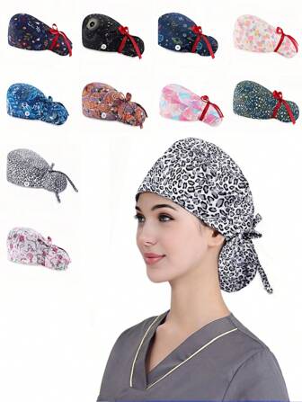 1pc Women's Polyester Cartoon Graffiti Leopard Print Nurse Cap, Rear Hair Cover Design, Tie Up, All-Around Anti-Bacterial And Dust Proof, Suitable For Medical Staff, Veterinarians, Beauty Salons Etc. Halloween