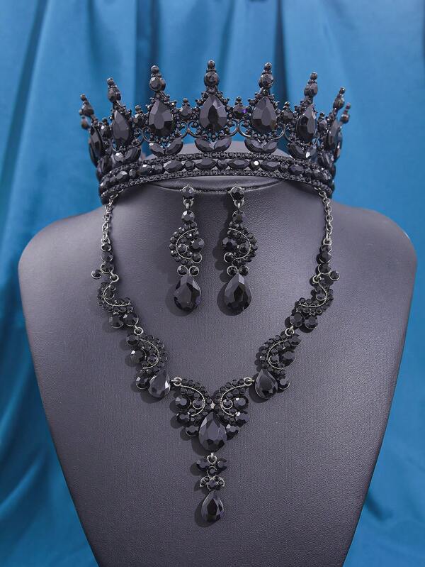 4pcs/Set Halloween Bridal Black Crystal Crown, Necklace & Earrings Jewelry Set For Wedding, Party, Performance