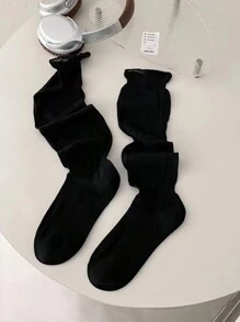 1 par de medias sobre la rodilla de estilo gótico negro para mujeres, medias hasta la mitad de la pantorrilla con rayas, ribete de encaje y borde elástico, diseño versátil para fiestas festivas