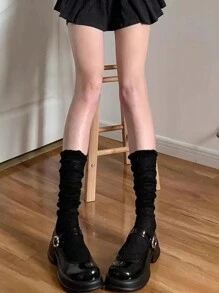 1 par de medias sobre la rodilla de estilo gótico negro para mujeres, medias hasta la mitad de la pantorrilla con rayas, ribete de encaje y borde elástico, diseño versátil para fiestas festivas
