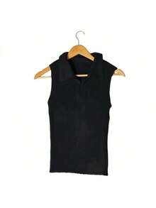 Women's Knitted Blouse | Modal T-Shirt | Women's Polo Neck Tank Top Summer 2024 | Tricot Vests - 黑色 - 查看 1