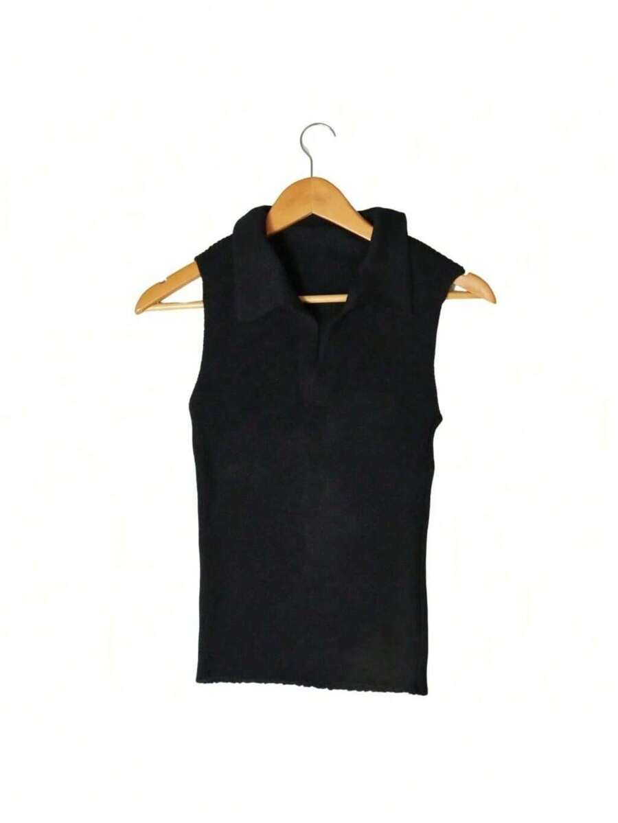 Women's Knitted Blouse | Modal T-Shirt | Women's Polo Neck Tank Top Summer 2024 | Tricot Vests - 黑色 - 查看 1