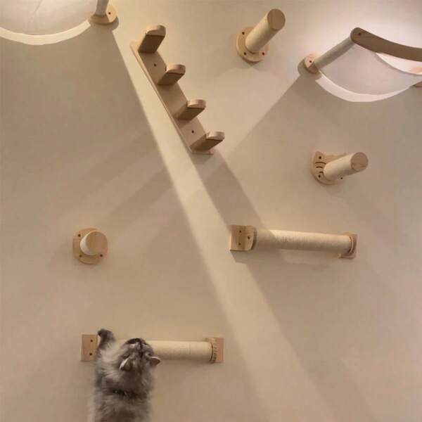 1 Stück an der Wand befestigter Kratzbaum, Katzen Wand Möbel Treppe, weiches Katzen Hängematte und Sitzplatz, massive Holz Katzen Wandregale für Aktivitäten drinnen, Klettern, Schlafen, max. Belastbarkeit 12kg