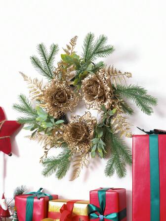 1 件仿真松针玫瑰圣诞花环家居圣诞门墙窗台派对挂饰