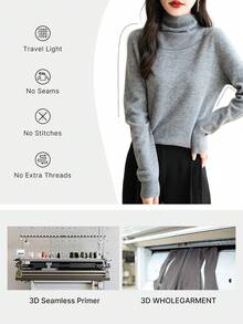 女士无缝毛衣高领一线成衣长袖针织套头衫 - 灰色 - 查看 3