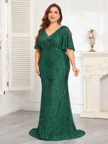 hezixi 高品质弹力串珠 V 领短袖礼服，奢华优雅的设计，适合新娘母亲，加大码，舞会晚礼服，适合婚礼嘉宾、毕业典礼、晚宴 - 綠色 - 查看 6