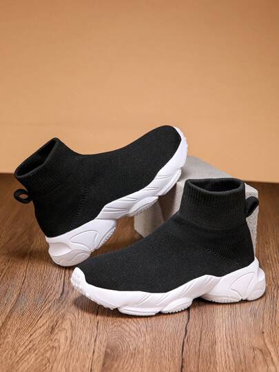 1 Pair Spring/Autumn Slip-On Mid-Top Knitted Breathable Lightweight Solid Color Socks Shoes, Casual Outdoor Walking Shoes