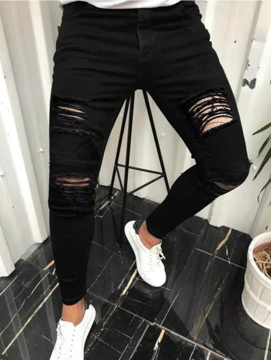 Men's New Distressed Denim Jeans, Black Elastic Casual Pants, Grunge - Black - View 1