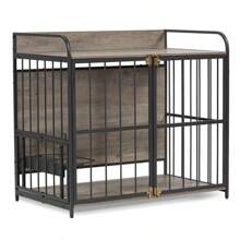 GO 39'' Indoor Metal Dog Crate With Double Doors, Wooden Side End Table Crate, Dog Crate Furniture With Adjustable Feeder Stand, For Medium Dog, Gray - 灰色+實木+狗如圖 - 查看 12
