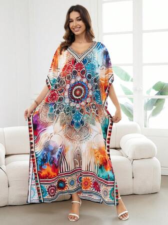 Bohemian Printed Dress Casual Home V-Neck Short Sleeve Dresses House Dress Kaftan