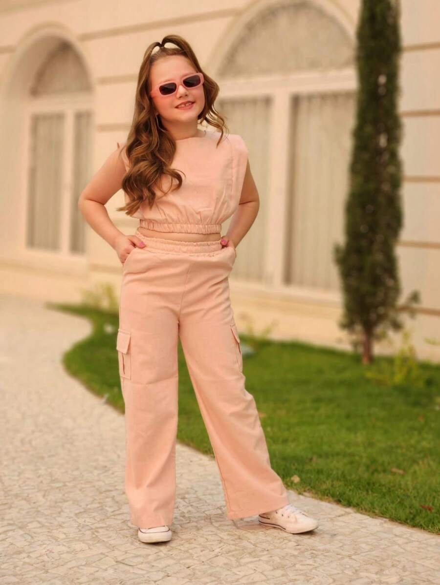 Linen Set Children's Fashion Pants And Cropped Blogger Summer 2025 Children's Clothing - 乾枯玫瑰色 - 查看 1