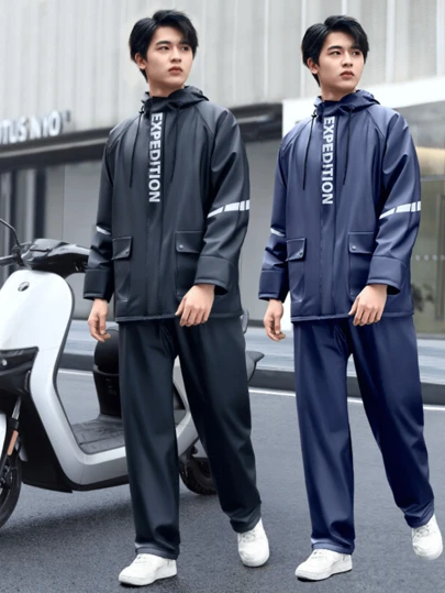 Men's Waterproof Motorcycle Rain Jacket And Pants Set - With Hood, PVC Material, Sporty Style, Washable, Letter Print And Pockets