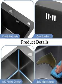 BriSunshine Küchenspüle Schwarz 45 x 45 cm Spüle mit Ablaufkomponenten, Einbau-Küchenspüle Schwarz aus Edelstahl, 1 Becken mit 2 Löchern für Armatur und Seifenspender