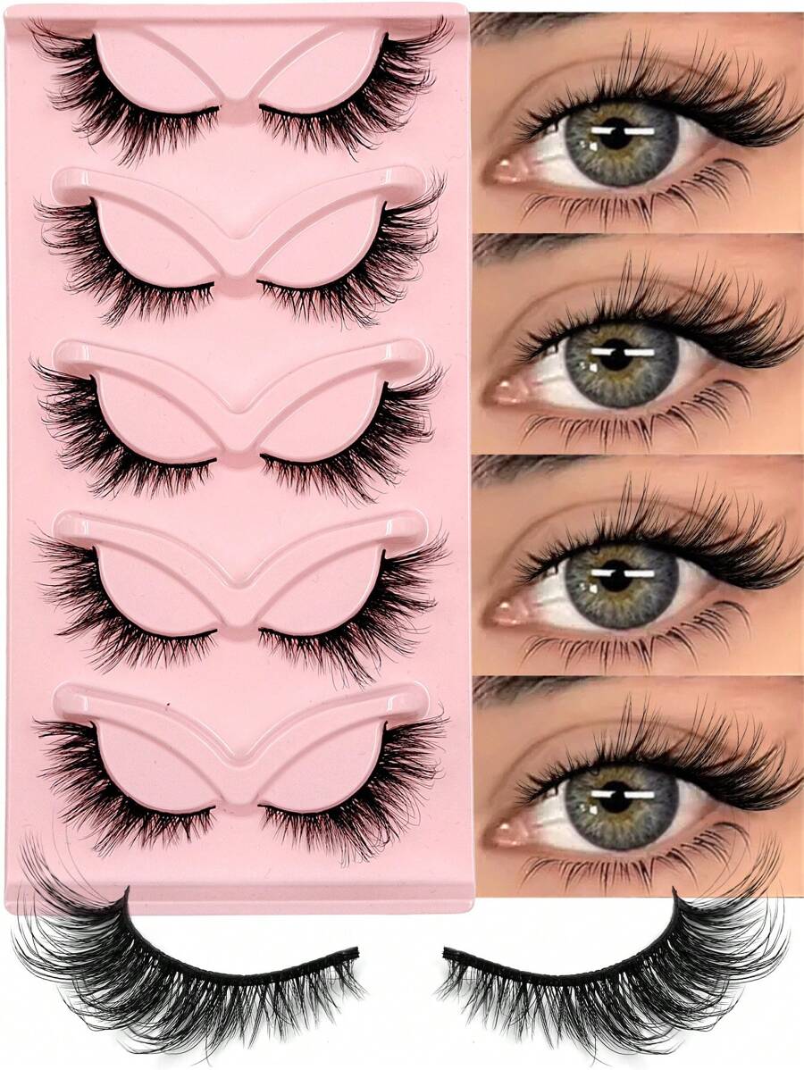Asiteo 5 Pairs Cat Eye False Eyelashes, Soft Black Band, 3D Natural False Lashes, Fluffy Soft Criss-Cross Cartoon Lashes, Thin Natural Eyelash Extensions Makeup - 眼尾拉長款 - 查看 1