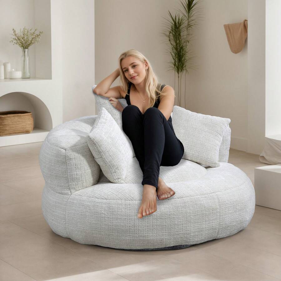 Lazy Sofa, Single Seat Bean Bag Sofa Chair, High-Back Durable Chenille Soft Recliner, Upholstered Lounge Sofa Chair, Includes 3 Pillows, Indoor/Outdoor Use, No Assembly Required, Suitable For Living Room, Bedroom And Apartment(Beige) - 米色 - 查看 1