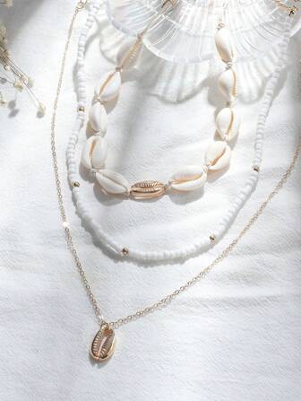 1 套 3 件时尚夏威夷风格手工编织天然贝壳、珍珠、海星吊坠项链套装，适合女士（注：贝壳数量随机发货）