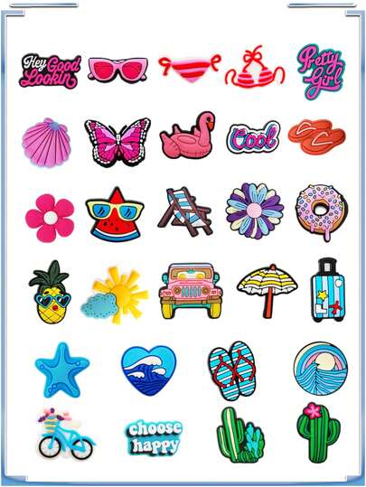 28pcs Pink Summer Hawaii Series DIY Shoe Charms, Suitable For Shoes, Keychains, Sandals, Beach Bags Etc., Made Of PVC Material, High-Quality Decorative Accessories, Great Gift For Christmas, Birthday, Party