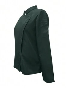 Women's Solid Color Stand Collar Long Sleeve Zip Up Chef Jacket - Dark Green - View 3