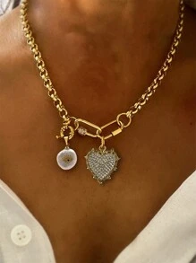 1 件心形吊坠项链，心形罗洛链项链，红色心形吊坠项链，金色多吊坠项链，情人节 - 金色 - 查看 7