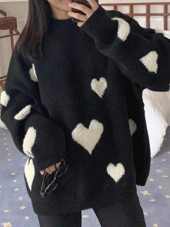 Women's Vintage Personalized Niche Design Feel All-Over Heart Jacquard Contrast Color Oversized Loose Knit Sweater Top, Long Sleeve For Autumn/Winter