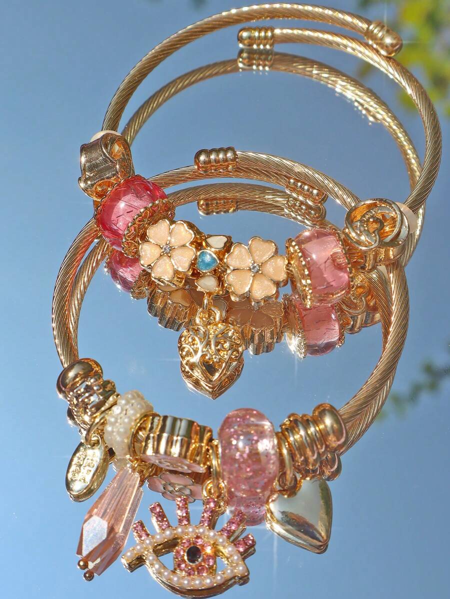 Vòng tay charm DIY hoa anh đào hồng Vòng tay charm mắt hồng Vòng tay charm vương miện vàng cổ điển & vòng tay charm trái tim DIY Valentine