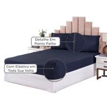3-Piece Sheet Set 400 Thread Count Queen Size Bed Micropercal Ponto Palito Hotel Soft Touch - Navy Blue - View 2