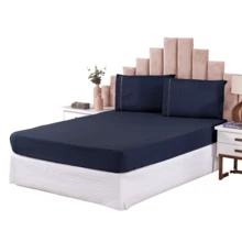 3-Piece Sheet Set 400 Thread Count Queen Size Bed Micropercal Ponto Palito Hotel Soft Touch - Navy Blue - View 4