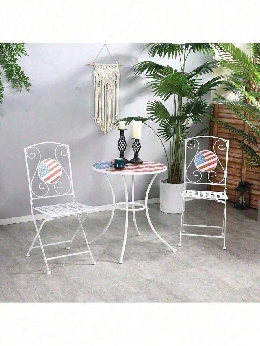 3pc Outdoor Patio Dining Set, Folding Chair 2, Table, American Flag Mosaic - 1 - 查看 1