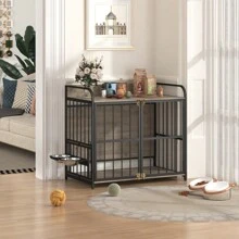 GO 39'' Indoor Metal Dog Crate With Double Doors, Wooden Side End Table Crate, Dog Crate Furniture With Adjustable Feeder Stand, For Medium Dog, Gray - 灰色+實木+狗如圖 - 查看 3