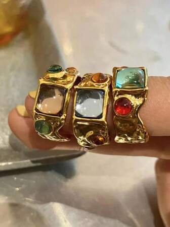GARMEND 1set 3pcs Luxury Asymmetrical Vintage Rhinestone Inlaid Colorful Rings Suitable For Women Daily Wear