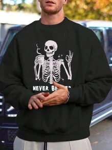 男士加大码骷髅印花圆领长袖休闲运动衫，万圣节适用 - 黑色 - 查看 1