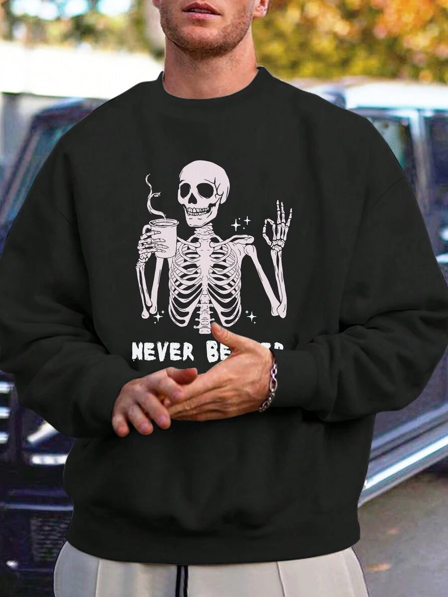 男士加大码骷髅印花圆领长袖休闲运动衫，万圣节适用 - 黑色 - 查看 1