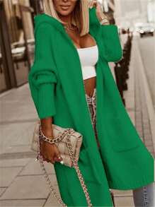 Plus Size Women Solid Color Long Sleeve Hooded Loose Casual Open Front Cardigan Sweater, Autumn/Winter, Pocket Design, Elegant Dress Women Holiday Outfits - Green - View 2