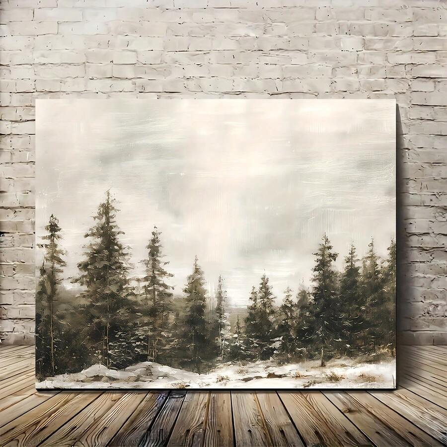 1pc Wooden Framed Canvas Painting: Winter Pine Christmas Wall Art - Abstract Winter Forest Landscape - Aesthetic Home Decoration -Suitable For Living Room & Bedroom - Perfect For Festival Gift - Multicolor - View 1